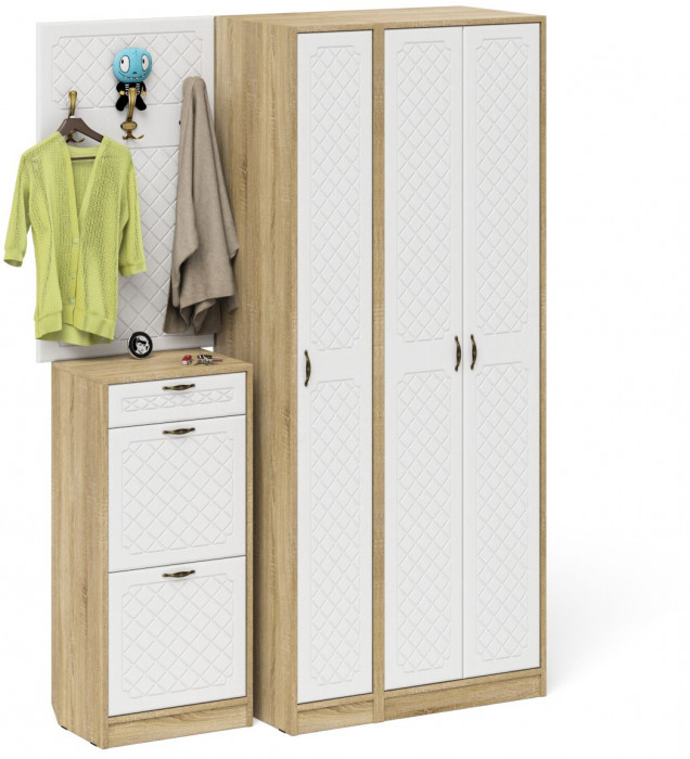 Прихожая П-6 Компоновка № 50, дуб сонома/фасады МДФ белое дерево фрезеровка ромб