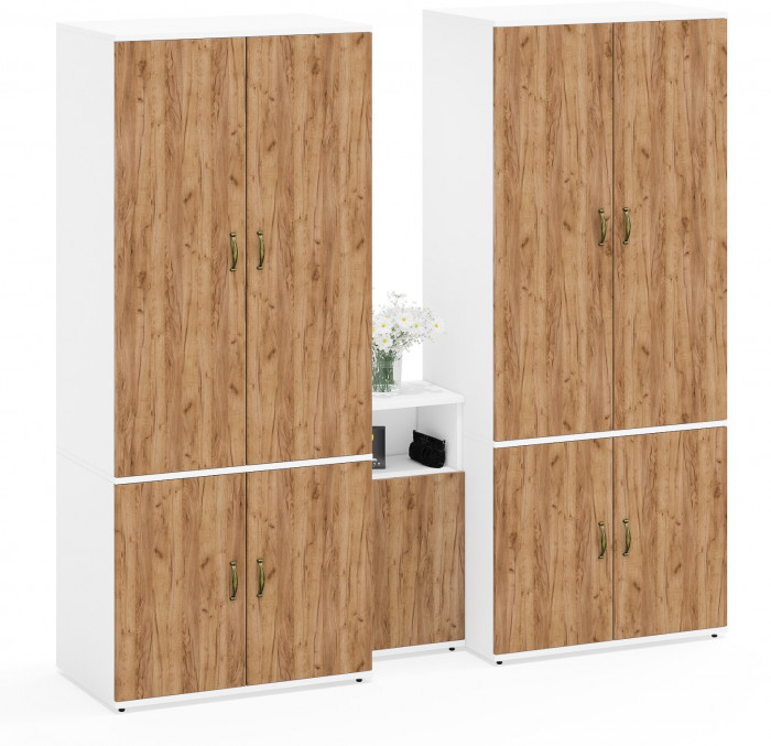 Лидер-8 Шкаф МД 19Б + Шкаф МД 19Б + Тумба МД 3.19, белый шагрень/крафт золото