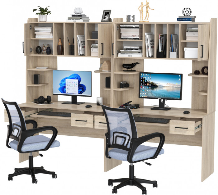 Два стола рабочих 6-0604 Бета + два кресла 103 серых, цвет дуб сонома, ШхГхВ 240х60,5х183,5 см.