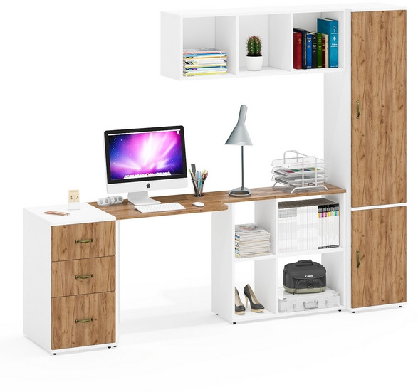 Лидер-8 Стол + Полка + Тумба МД 3.16 + Пенал МД 21Б, цвет белый шагрень/крафт золото, ШхГхВ 245х50/37,5х75/190 или 155х120/50х75/190 см., НЕ ун. сб.