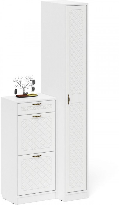 Прихожая П-6 Компоновка № 42, цвет белая шагрень/фасады МДФ белое дерево фрезеровка ромб, ШхГхВ 80х50х210 см., универсальная сборка