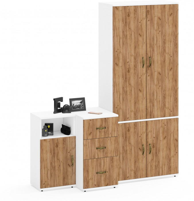 Лидер-8 Шкаф МД 20Б + Тумба МД 3.16 + Тумба МД 3.19, цвет белый шагрень/крафт золото, ШхГхВ 160х50х190 см., НЕ универсальная сборка