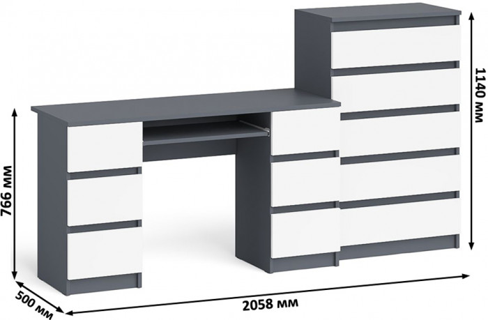 Мори Стол компьютерный МС-2 + Комод МК700.5, цвет графит/белый, ШхГхВ 205,8х50х114 см., универсальная сборка