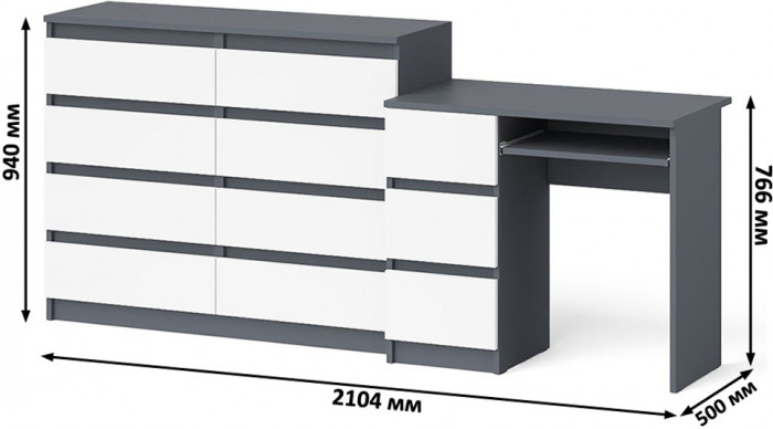 Мори Стол компьютерный МС-6 левый + Комод МК1200.8, цвет графит/белый, ШхГхВ 210,4х50х94 см., выдвижные ящики слева, НЕ универсальная сборка