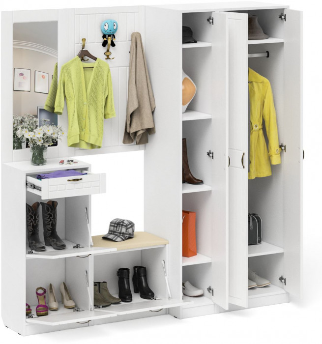 Прихожая П-6 Компоновка № 51, белая шагрень/фасады МДФ белое дерево фрезеровка прованс