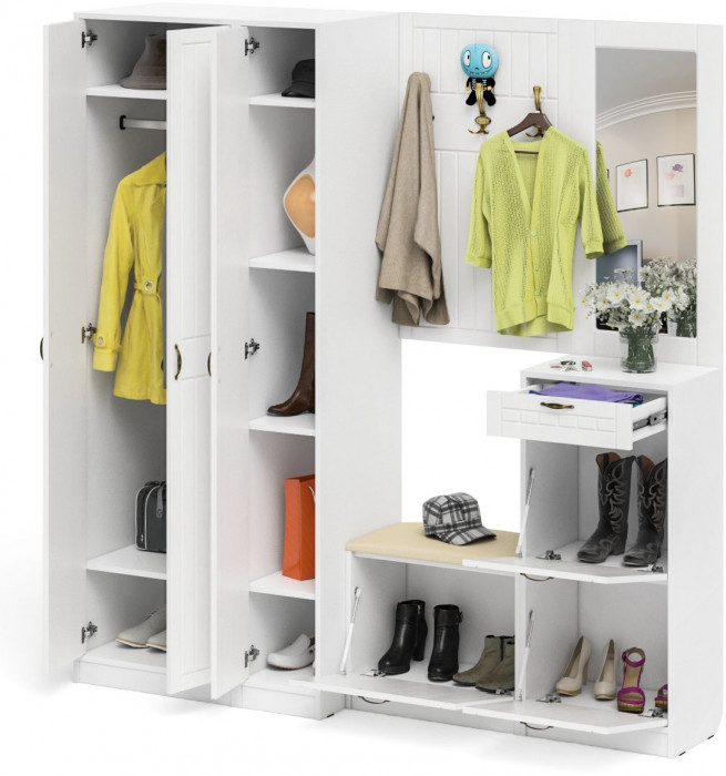 Прихожая П-6 Компоновка № 51, белая шагрень/фасады МДФ белое дерево фрезеровка прованс