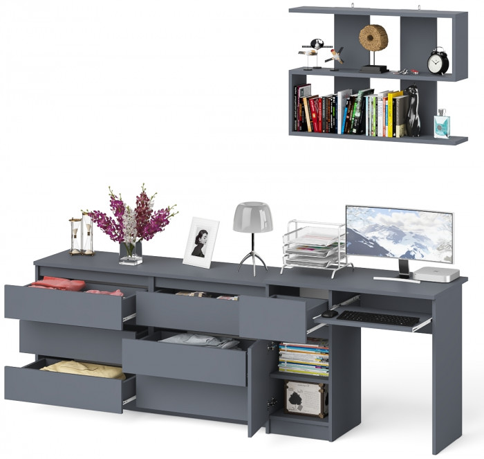 Мори компьютерный стол МС-1 левый + Комод МК1380.6 + Полка 900, графит