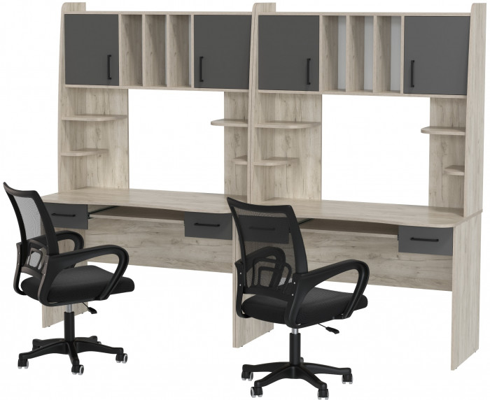 Два стола рабочих 6-0604 Бета + два кресла 103 чёрных, цвет дуб крафт серый/графит, ШхГхВ 240х60,5х183,5 см.