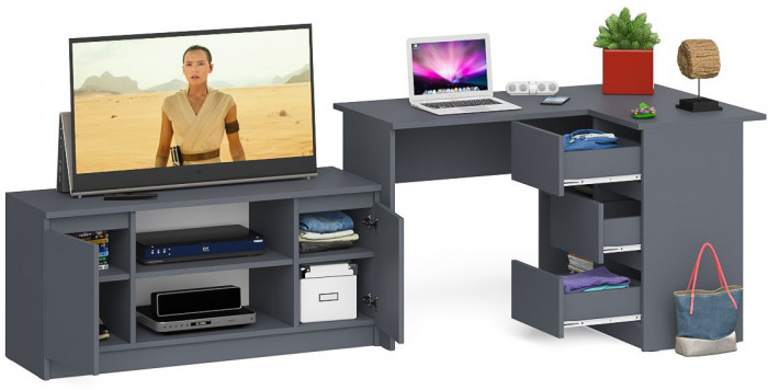 Мори компьютерный стол МС-16 правый + Тумба МТВ1200.1, графит