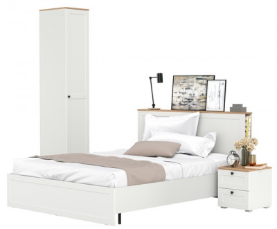 Остин 11.53 Кровать + ортопед + 13.225 Шкаф-пенал + 16.152 Тумба прикроватная, белый шагрень/дуб крафт золотой