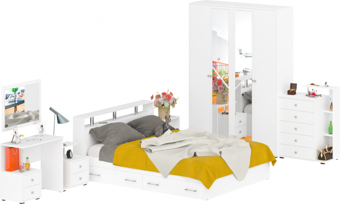 Камелия спальня № 10 Кровать с ящиками 1600 + Две тумбы + Стол косметич. + Зеркало + Комод + Шкаф, цвет белый, 1600х2000 мм., б/м, осн. есть