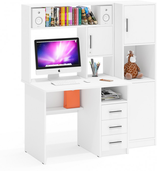 Стол компьютерный С-МД-СК9+Пенал С-МД-СК9П, цвет белый шагрень, ШхГхВ 145х70х160 см., НЕ универсальная сборка