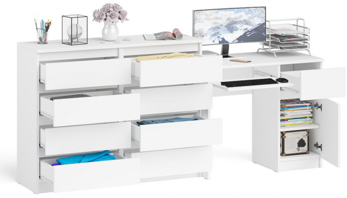 Мори компьютерный стол МС-1 правый + Комод МК1200.8, белый
