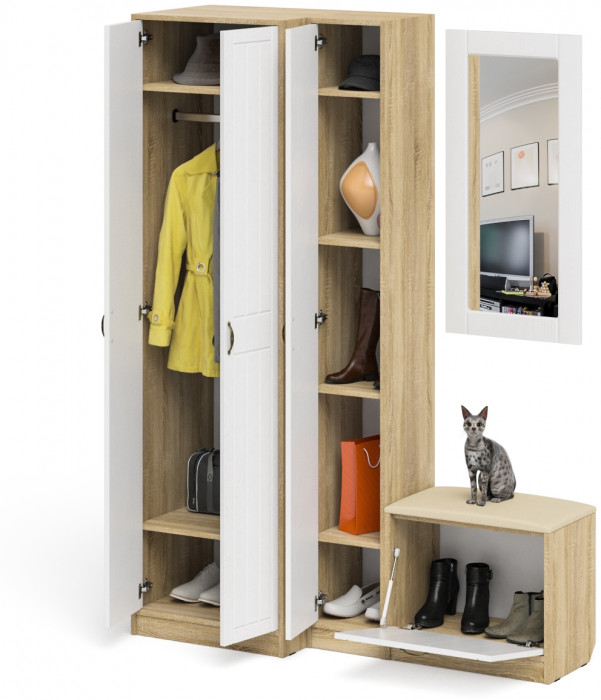 Прихожая П-6 Компоновка № 26, дуб сонома/фасады МДФ белое дерево фрезеровка прованс