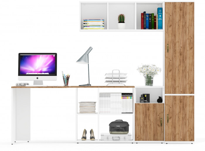 Лидер-8 Стол + Полка + Тумба МД 3.19 + Пенал МД 22Б, белый шагрень/крафт золото