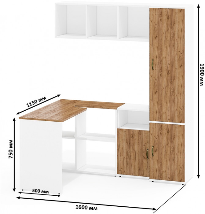 Лидер-8 Стол + Полка + Тумба МД 3.19 + Пенал МД 22Б, белый шагрень/крафт золото