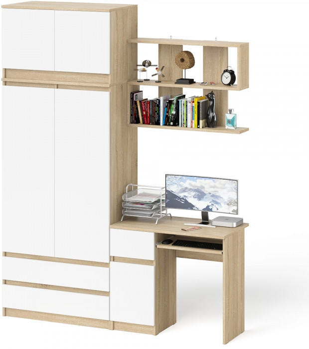 Мори Стол компьютерный МС-1 левый + Шкаф МШ900.1 + Антресоль МА900.1 + Полка 900, цвет дуб сонома/белый, ШхГхВ 180,4х50,4х234,2 см., НЕ ун. сб.