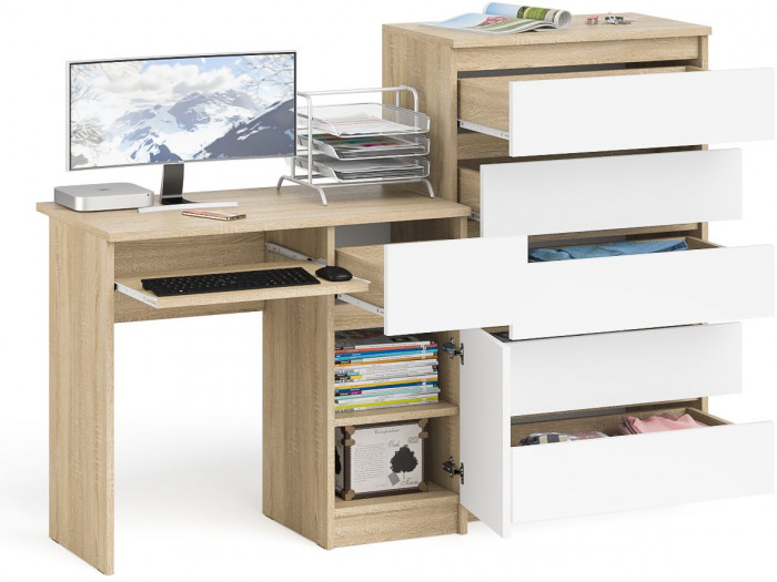 Мори Стол компьютерный МС-1 правый + Комод МК700.5, цвет дуб сонома/белый, ШхГхВ 160,4х50х114 см., выдвижной ящик справа, НЕ универсальная сборка