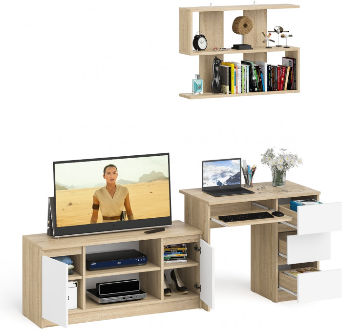 Мори Стол компьютерный МС-6 правый + Тумба МТВ1200.1 + Полка 900, цвет дуб сонома/белый, ШхГхВ 210,4х50х209,6 см., НЕ универсальная сборка