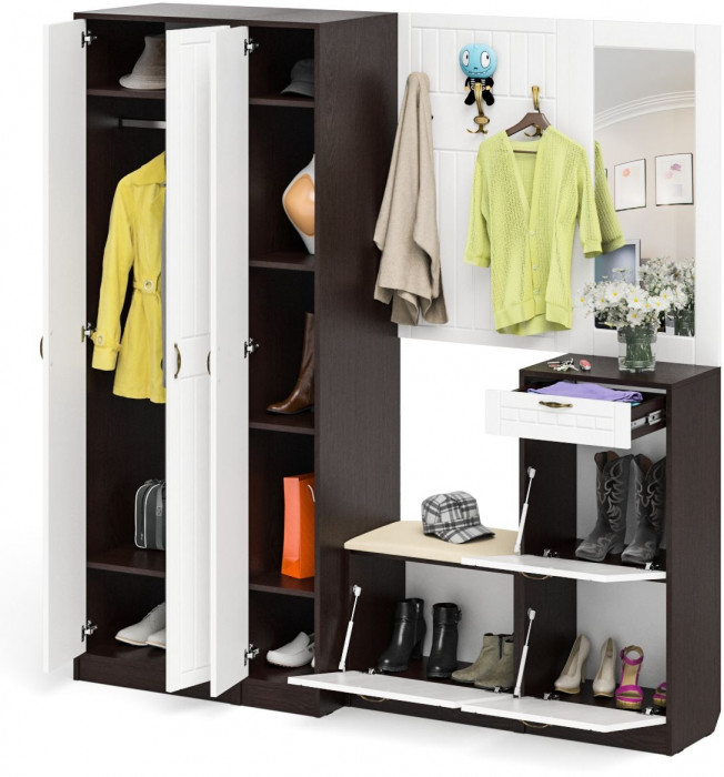 Прихожая П-6 Компоновка № 51, венге/фасады МДФ белое дерево фрезеровка прованс