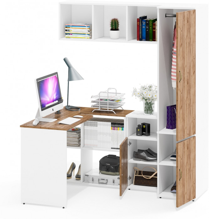 Лидер-8 Стол + Полка + Тумба МД 3.19 + Пенал МД 23Б, белый шагрень/крафт золото