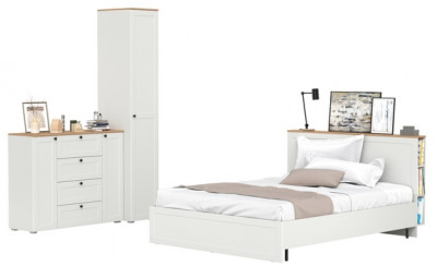 Остин 11.53 Кровать + ортопед + 13.225 Шкаф-пенал + 16.221 Комод, белый шагрень/дуб крафт золотой