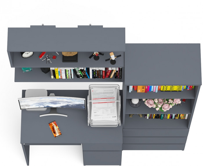 Мори Стол компьютерный МС-1 правый + Стеллаж МСТ600.3 + Полка 900, цвет графит, ШхГхВ 150,4х50х209,6 см., НЕ универсальная сборка