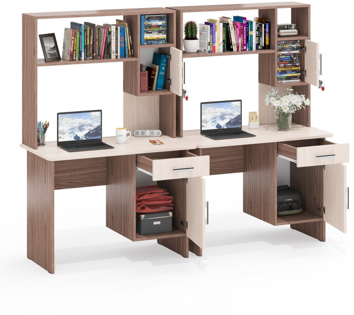 Два стола письменных с надстройкой С-МД-1-09Н, ясень шимо светлый/ясень шимо тёмный