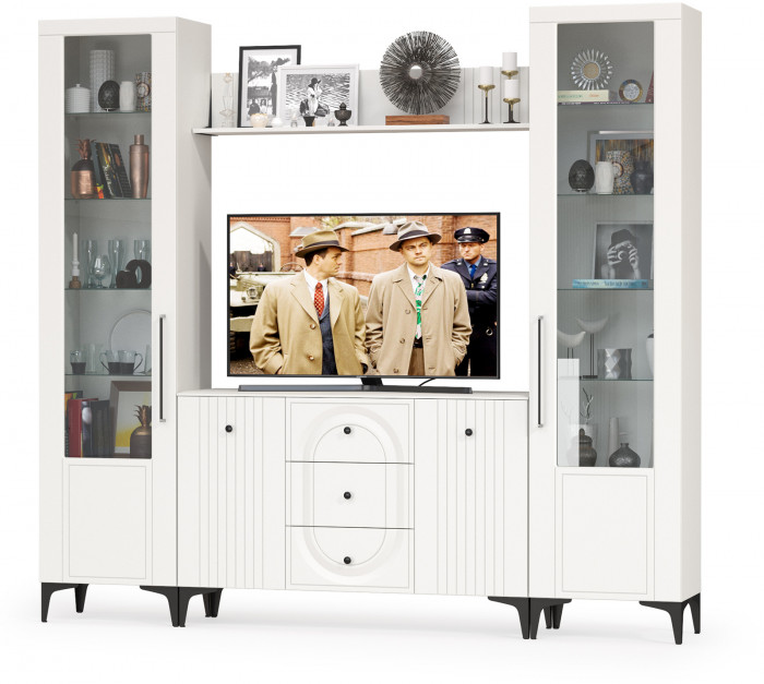 Валенсия Гостиная № 100, цвет ЛДСП белый шагрень/МДФ белый шагрень, ШхГхВ 243,2х38,4х225,2 см., ниша для ТВ 133х38х100 см.