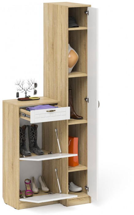Прихожая П-6 Компоновка № 42, цвет дуб сонома/фасады МДФ белое дерево фрезеровка прованс, ШхГхВ 80х50х210 см., универсальная сборка