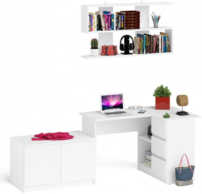 Мори Стол компьютерный МС-16 правый + Тумба МА900.1 + Полка 1200, цвет белый, ШхГхВ 214,8х84,9х209,6 см., НЕ универсальная сборка