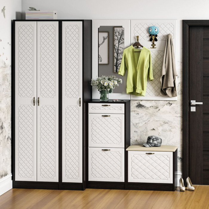 Прихожая П-6 Компоновка № 51, венге/фасады МДФ белое дерево фрезеровка ромб