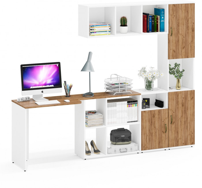 Лидер-8 Стол + Полка + Тумба МД 3.19 + Пенал, белый шагрень/крафт золото