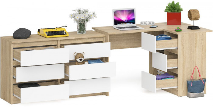 Мори компьютерный стол МС-16 правый + Комод МК1200.6, дуб сонома/белый