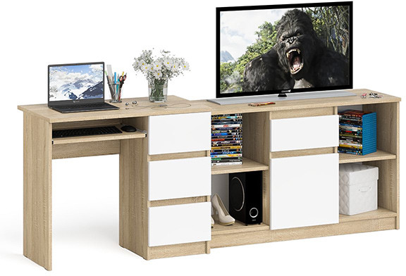 Мори компьютерный стол МС-6 правый + Тумба МТВ1204.1, дуб сонома/белый