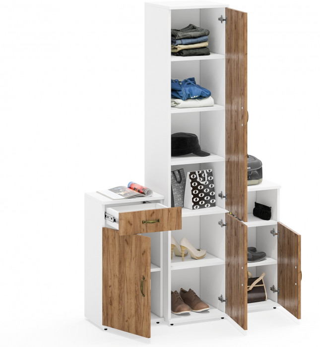 Лидер-8 Пенал МД 22Б + Тумба МД 3.15 + Тумба МД 3.19, цвет белый шагрень/крафт золото, ШхГхВ 120х37,5х190 см., универсальная сборка