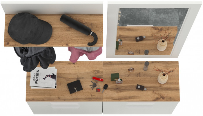 Октава Прихожая 39, цвет белый шагрень/дуб крафт золотой/фасады МДФ белый шагрень, ШхГхВ 129,8х35,4х197 см., универсальная сборка