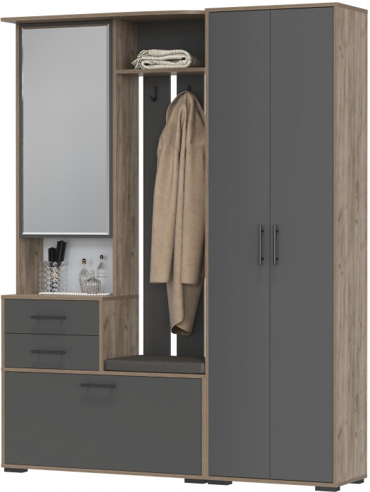 Прихожая 2-3430+2-3431дкт/граф Домино - Комплект для прихожей, цвет дуб крафт табачный/графит, ШхГхВ 160х36х202 см., универсальная сборка