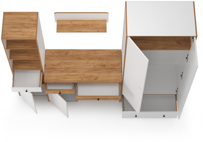 Вуди Компоновка № 22, цвет белый премиум/дуб крафт золотой, ШхГхВ 241х52,7х205 см., универсальная сборка