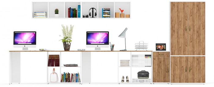 Лидер-8 Стол + Полка + Стол + Полка + Шкаф МД 19Б + Тумба МД 3.15, белый шагрень/крафт золото