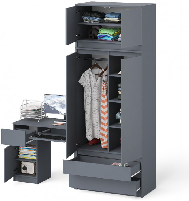 Мори Стол компьютерный МС-1 левый + Шкаф МШ900.1 + Антресоль МА900.1, цвет графит, ШхГхВ 180,4х50,4х234,2 см., выдвижной ящик слева, НЕ универс. сб.