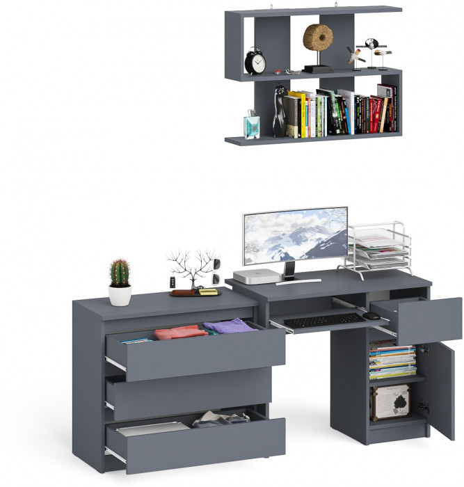 Мори Стол компьютерный МС-1 правый + Комод МК800.1 + Полка 900, цвет графит, ШхГхВ 170,4х50х209,6 см., НЕ универсальная сборка
