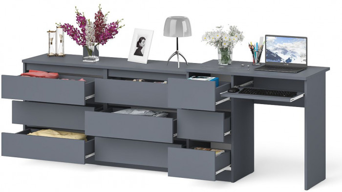 Мори Стол компьютерный МС-6 левый + Комод МК1380.6, цвет графит, ШхГхВ 228х50х76,6 см., выдвижные ящики слева, НЕ универсальная сборка