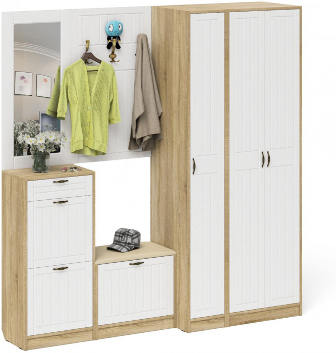 Прихожая П-6 Компоновка № 51, дуб сонома/фасады МДФ белое дерево фрезеровка прованс