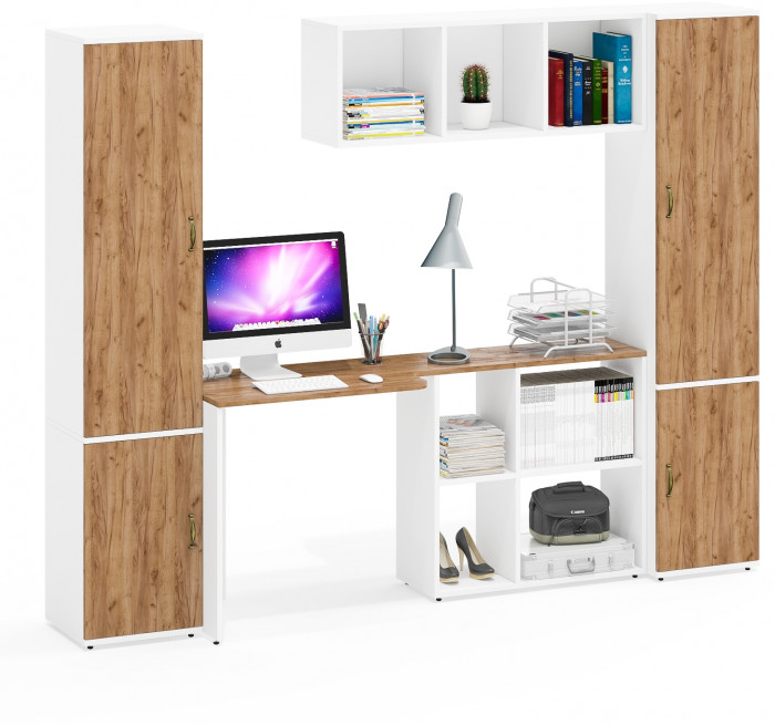 Лидер-8 Пенал МД 22Б + Стол + Полка + Пенал 21Б, белый шагрень/крафт золото