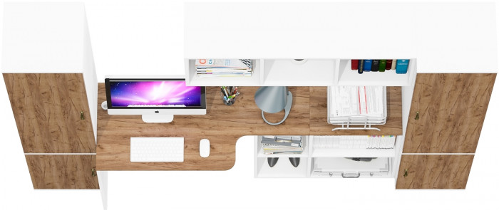 Лидер-8 Пенал МД 22Б + Стол + Полка + Пенал 21Б, белый шагрень/крафт золото