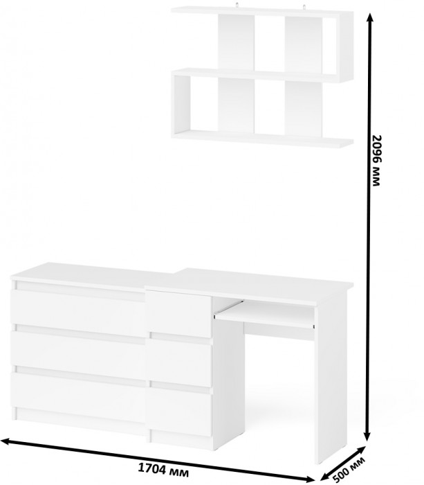 Мори компьютерный стол МС-6 левый + Комод МК800.1 + Полка 900, белый