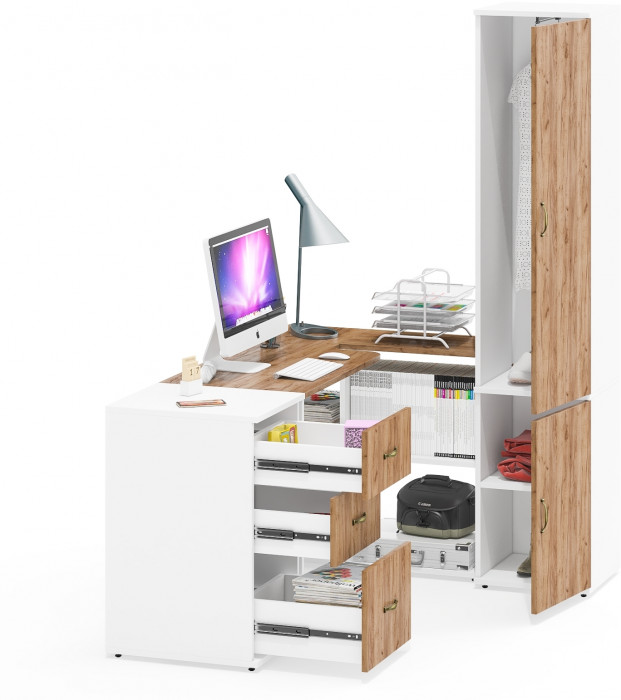 Лидер-8 Стол + Тумба МД 3.16 + Пенал МД 21Б, цвет белый шагрень/крафт золото, ШхГхВ 245х50/37,5х75/190 или 155х120/50х75/190 см., НЕ ун. сборка