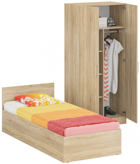 Кровать 0900 + Шкаф 2-х створчатый Стандарт, цвет дуб сонома, ШхГхВ 93,5х203,5х70 + 90х52х200 см., сп.м. 900х2000 мм., без матраса, основание есть