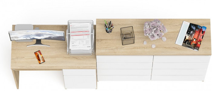 Мори компьютерный стол МС-1 правый + Комод МК1200.8, дуб сонома/белый